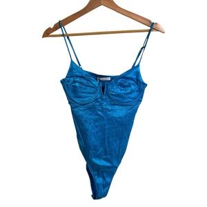Zara blue metallic shiny satin effect bustier underwired bra bodysuit top size M